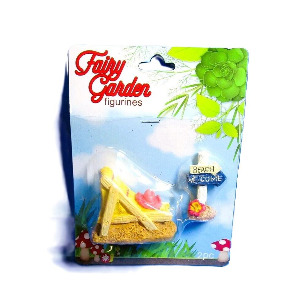 Fairy Garden Miniature Figurines Beach Lounge Chair, Welcome Sign Garden Display